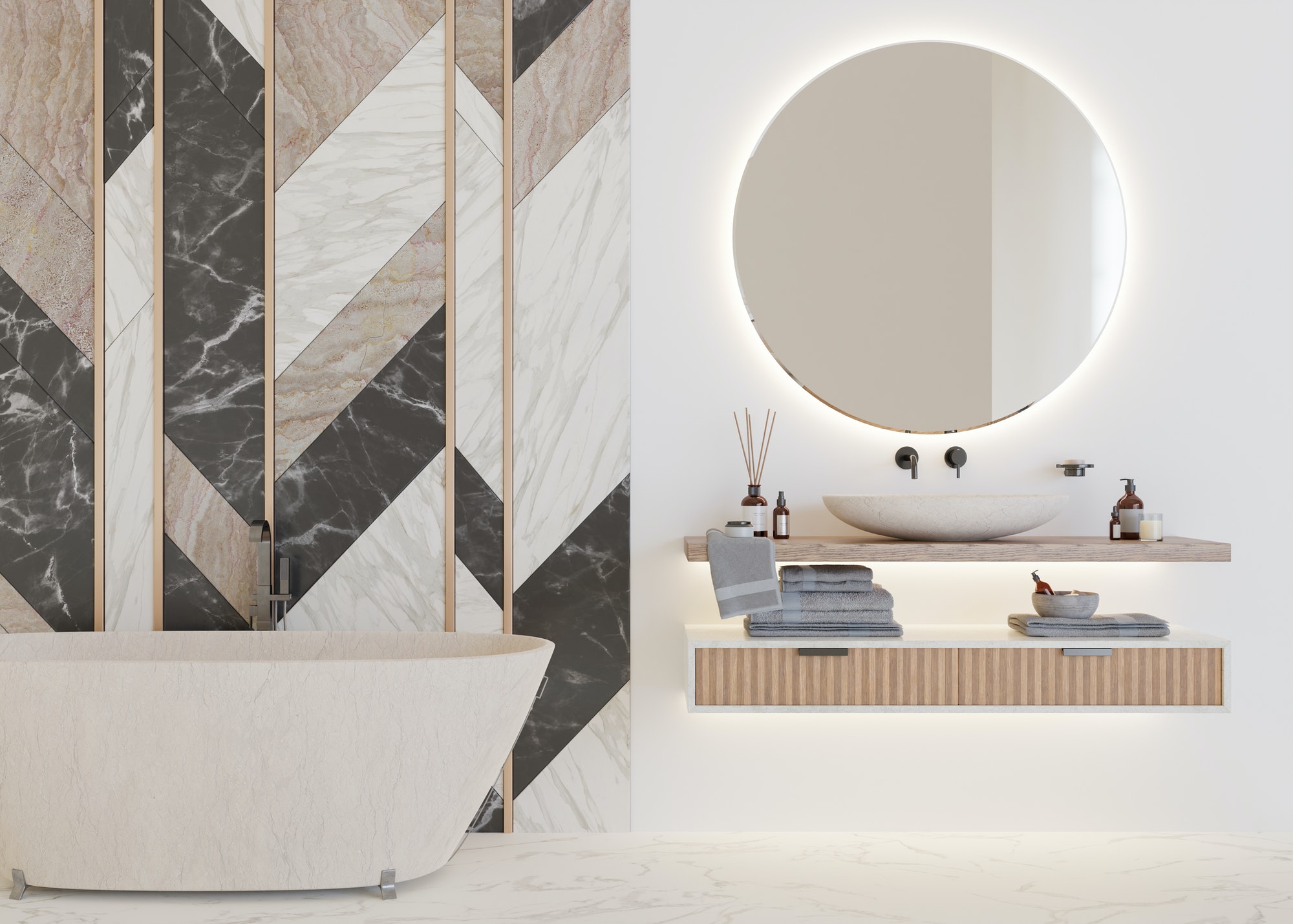 Beautiful, light and modern bathroom. White color and marble texture.